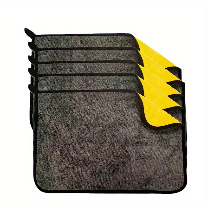 TEMU 5-pack High-density Coral Fleece Car Wash Towels - Double-sided Thick & Absorbent Glass Cleaning Towels, Yellow With Black Edges For Car Repair Shops, Hotels, Restaurants, Durable Scrubbing Towel