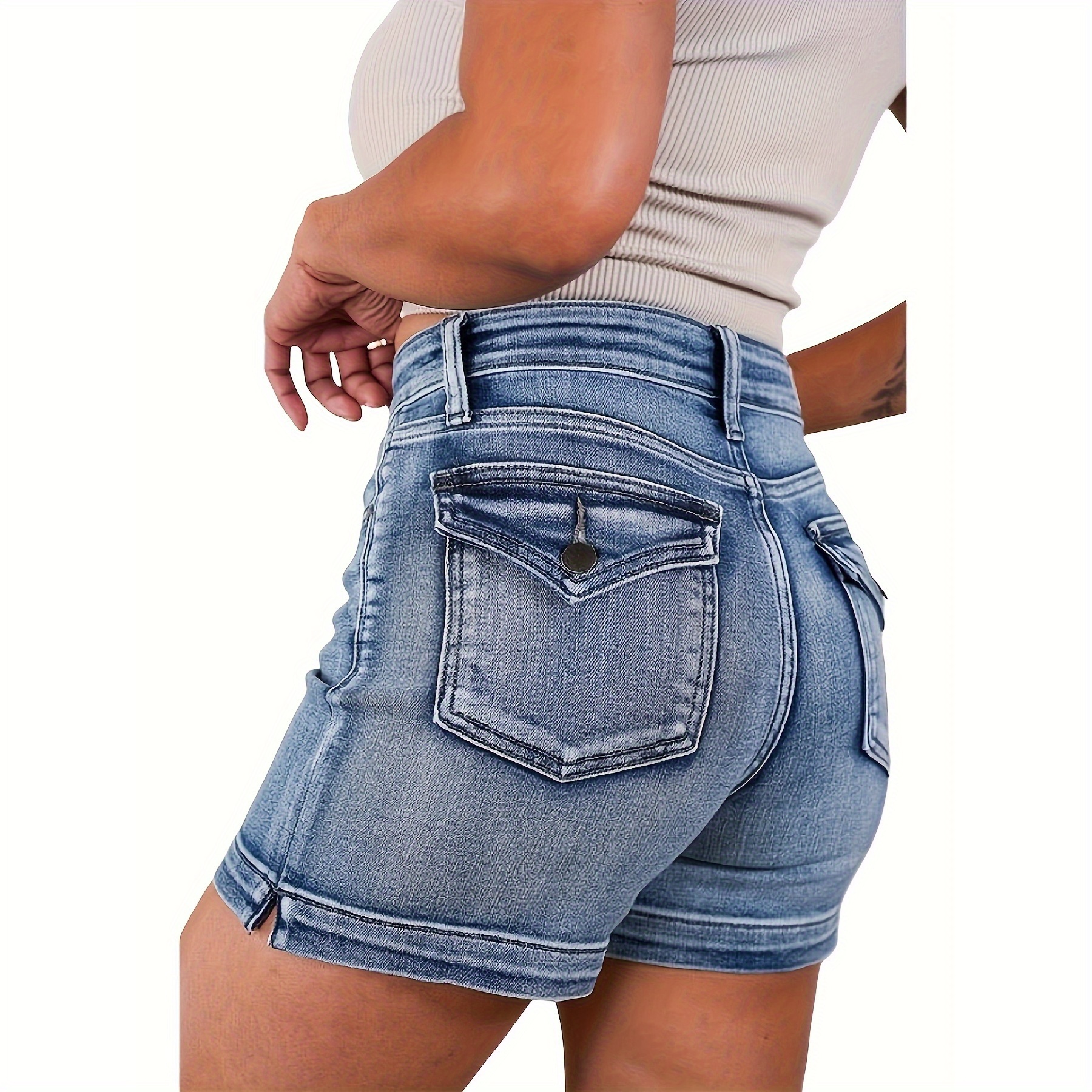 

Women's Plus Size Fashion Denim Shorts, Elegant Style, Slim Fit With Pockets, Plain Jean Shorts