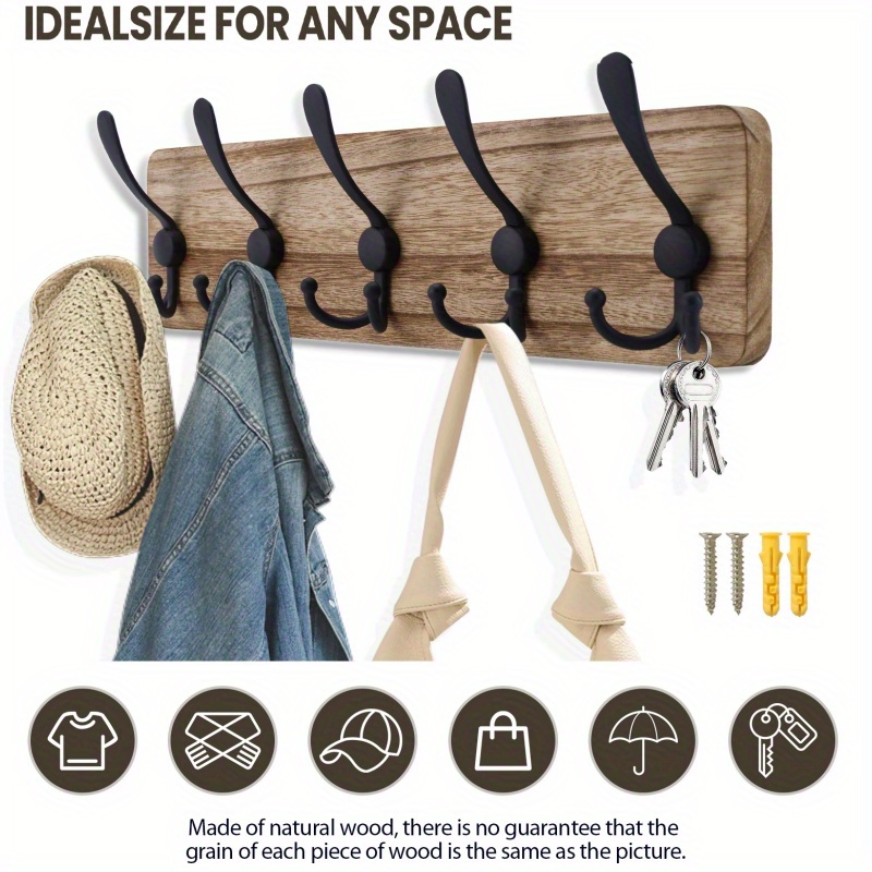 

Coat Rack Wall Mount Wooden Hat Rack For Wall Hooks Pine Plank 17.3" Hanger With 5 Triple Hooks For Hanging Coat Hat Jacket