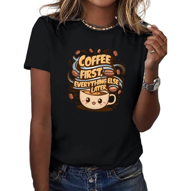

Coffee Neck T-shirt, Casual Short Sleeve Top For , Women's Clothing