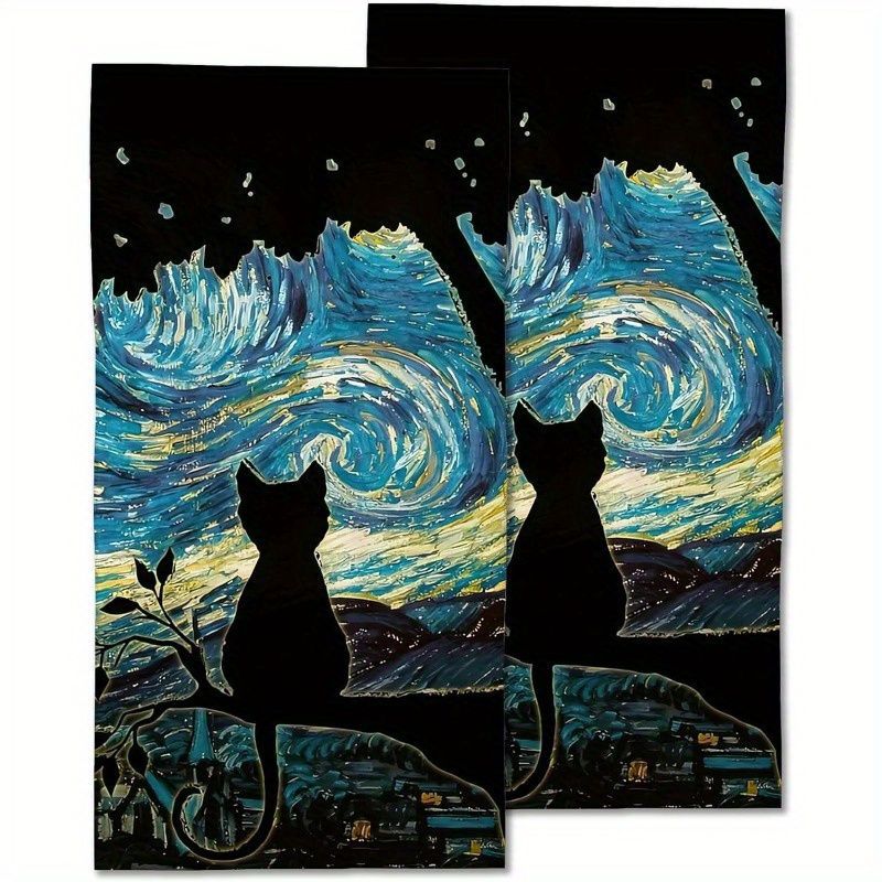 

2pcs Set Black Cat & Starry Night Bath Towels - , Absorbent Polyester For Kitchen, Beach, Spa, Gym - Decorative Face Towels 18x26 Inches