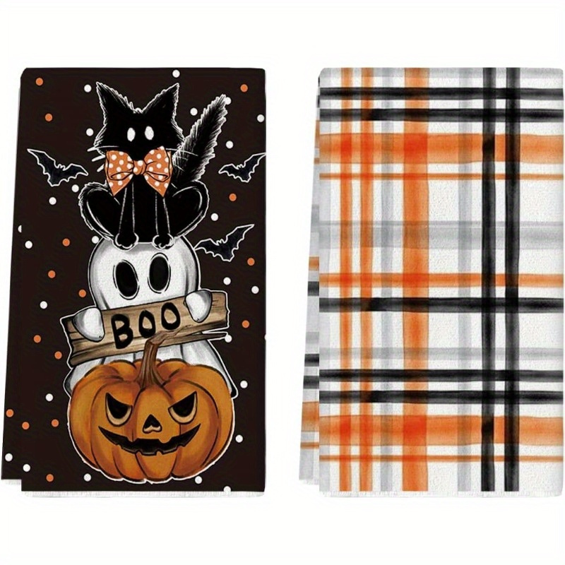 

2-pack Halloween Kitchen Towels - Ghost, Pumpkin & Cat Design With Buffalo Plaid | Ultra-soft Polyester Blend | Perfect For Drying Dishes & Decorating | 18x26 Inches