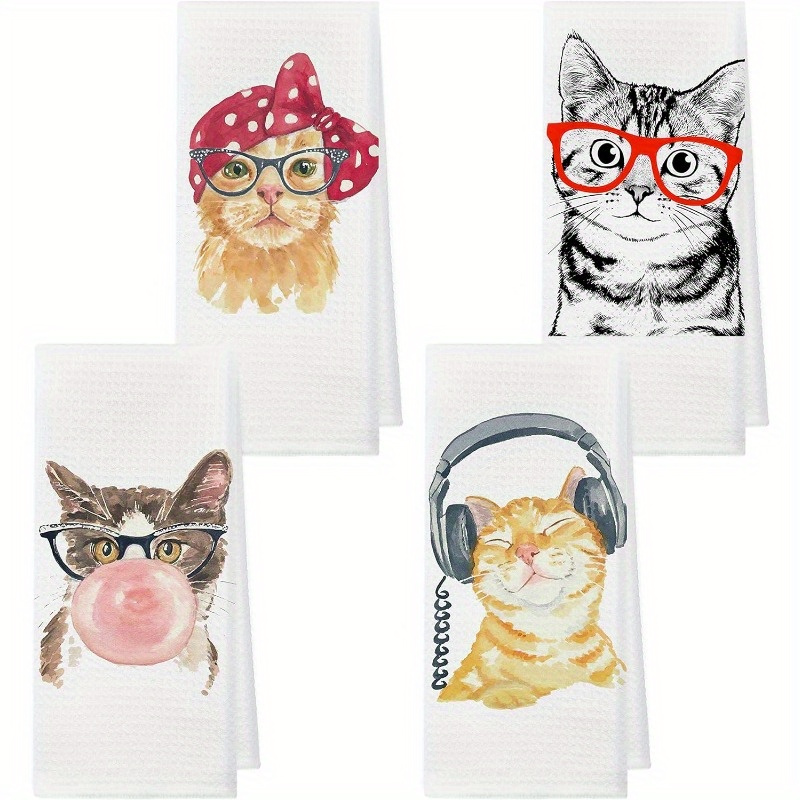 TEMU 4pcs Cute Cat Kitchen Towel Set - Soft, Absorbent & Decorative Dish Towels For Cooking, Baking & Cleaning - Perfect Gift For Cat Lovers, Women, And