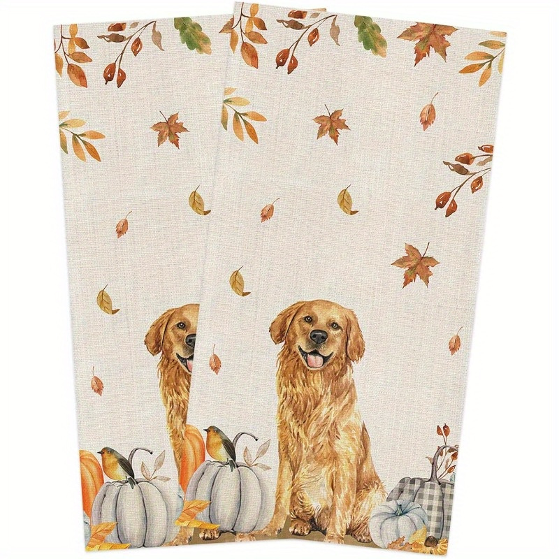 

2-pack Golden Retriever Kitchen Towels, Thanksgiving Autumn Theme Soft Polyester Blend Dish Cloths, Contemporary Cartoon Dog & Pumpkin Woven Hand Towels, Absorbent & Machine Washable, 18x26 Inches