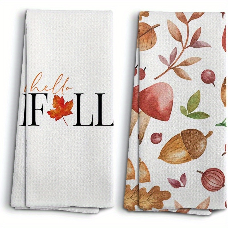 

2-piece Fall Kitchen Towels Set - Woven Polyester Blend Dish Cloths, Contemporary Style With Cartoon Autumn Leaves & Design, Super Soft, Machine Washable, Thanksgiving Hand Towels - 18x26