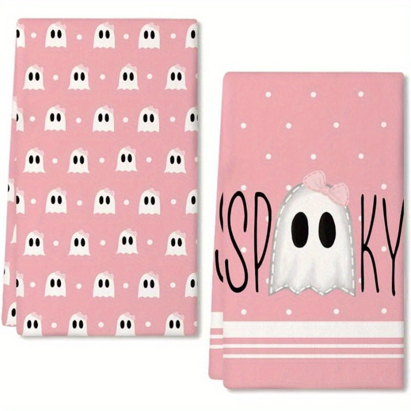 

Halloween Kitchen Towels Set Of 2 - Spooky Pink Ghost Cartoon Design, Super Soft Polyester Blend Dish Cloths, Contemporary Style, Woven, Machine Washable, 18x26 Inch Farmhouse Home Decor