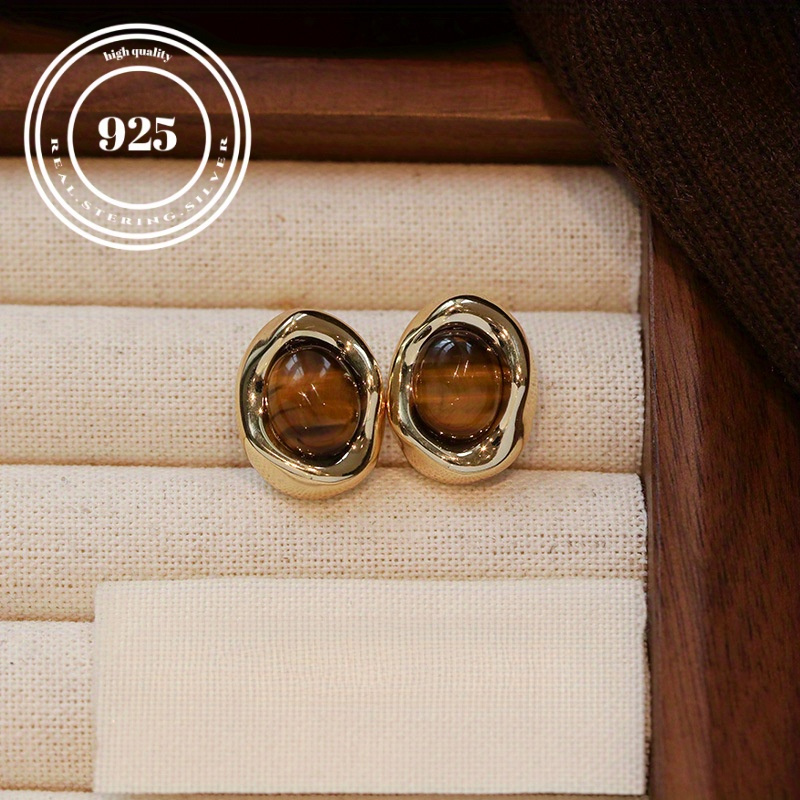 

S925 Sterling Silver Maillard Tiger Eye Stone Earrings Irregular Vintage Earrings Temperament Earrings Niche Light Luxury Design.1.1g/0.04oz