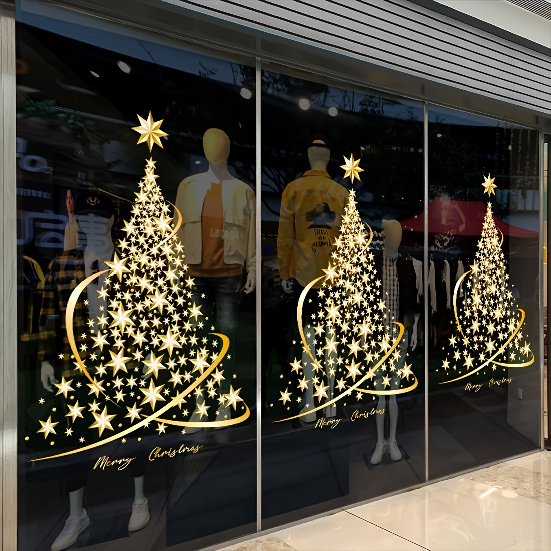 sparkling golden christmas tree window clings   stick reusable holiday decals for glass doors and walls vintage style home decor details 0