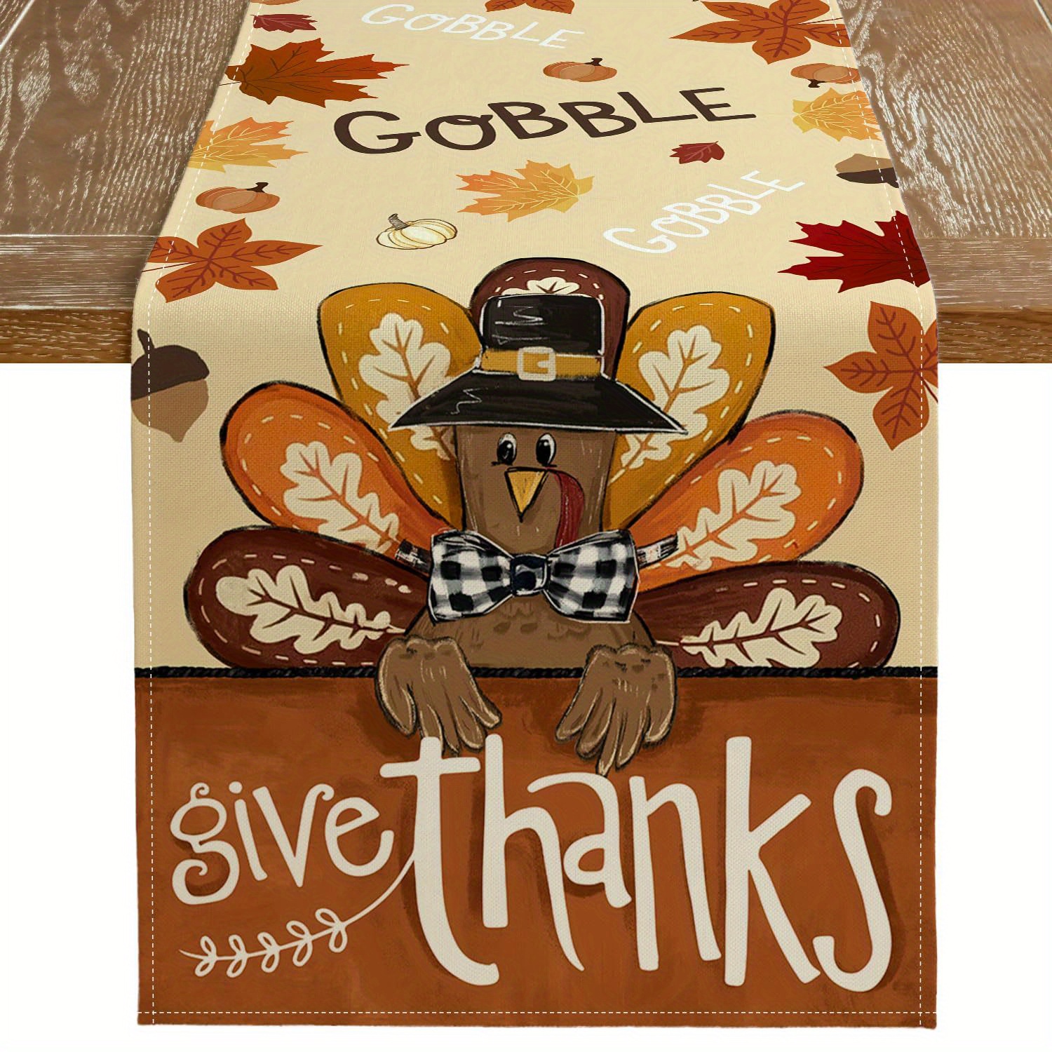 

Festive Burlap Farmhouse Table Runner: Give Thanks Gobble Turkey For Thanksgiving - Indoor/outdoor Use - 36"x91" To 108"x274" Sizes Available