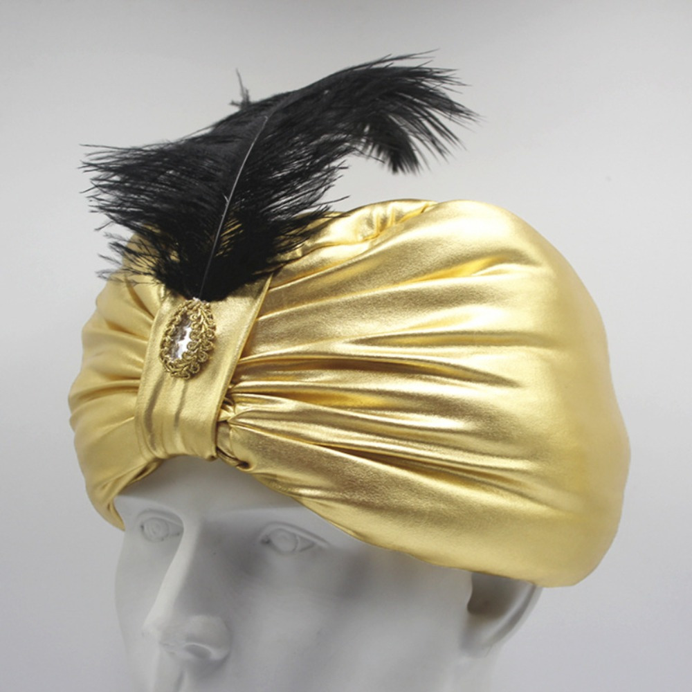 

Golden Satin Turban Hat With Black Artificial Feather - Hand Washable, Non-electric, Costume Accessory For Parties And Events