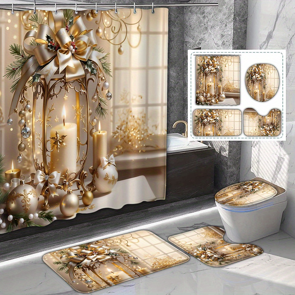 

Festive Christmas Golden Candlestick Print Shower Curtain Set With 12 Hooks, Bathroom Non-slip Mats, Toilet Seat Cover, And U-shaped Mat - Seasonal Decor For Walk-in Showers