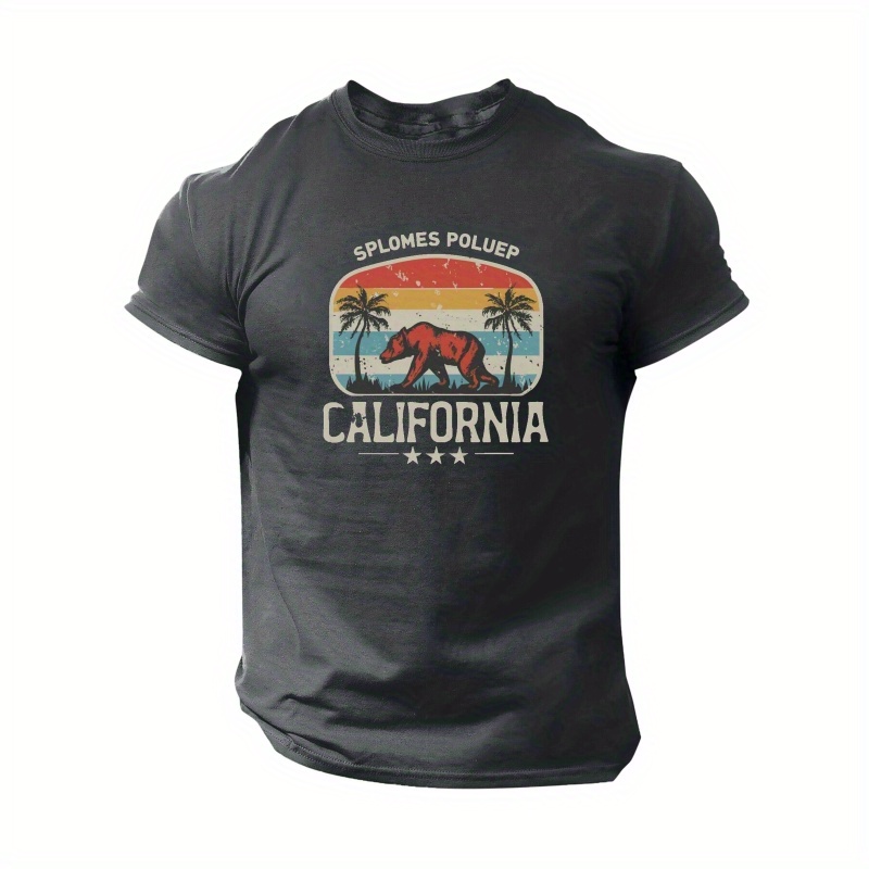 

California Print Men's Crew Neck Short Sleeve T-shirt, Summer Casual Versatile Top For Outdoor Fitness & Daily