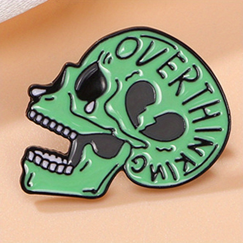 

overthinking" Funny Skull Letter Brooch - Backpack Seal - Punk Style, Irregular Shape, Enamel Material