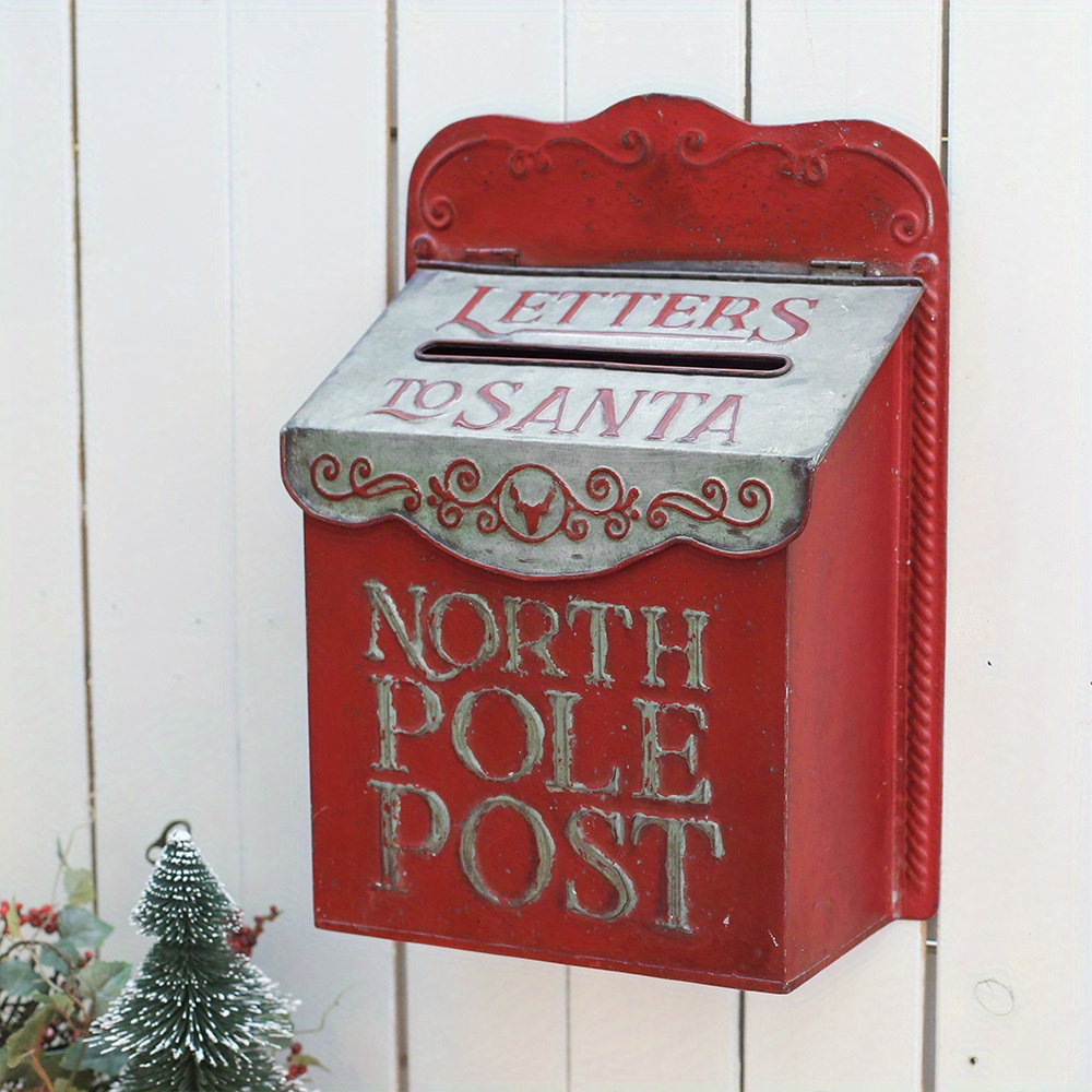 Metal Wall Hanging Distressed Red North Pole Post Mailbox Christmas Holiday Vintage Style outlet