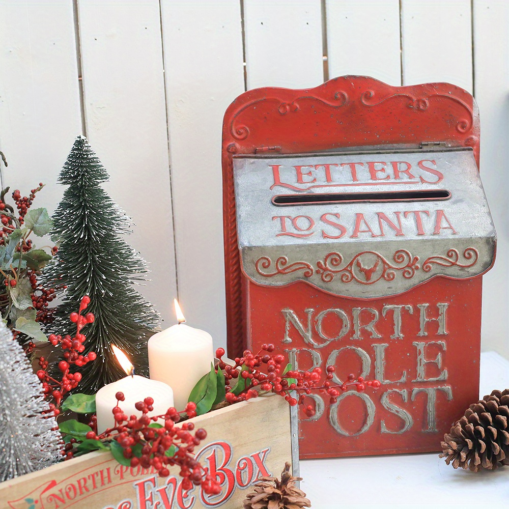 Metal Wall Hanging Distressed Red North Pole Post Mailbox Christmas Holiday Vintage Style outlet