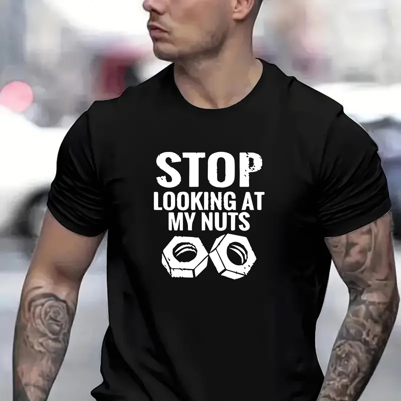 

Stop Looking At Funny Letter Print Men's Short Sleeve Crew Neck T-shirts, Comfy Breathable Casual Elastic Tops, Men's Clothing
