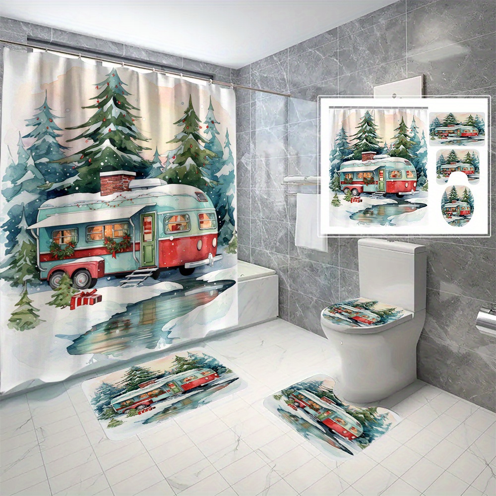 

Christmas Red Camper Holiday Shower Curtain Set, Water-resistant Polyester With Twill Weave, Cartoon Pattern Shower Decor, Includes Hooks, Machine Washable, 1/3/4 Pieces