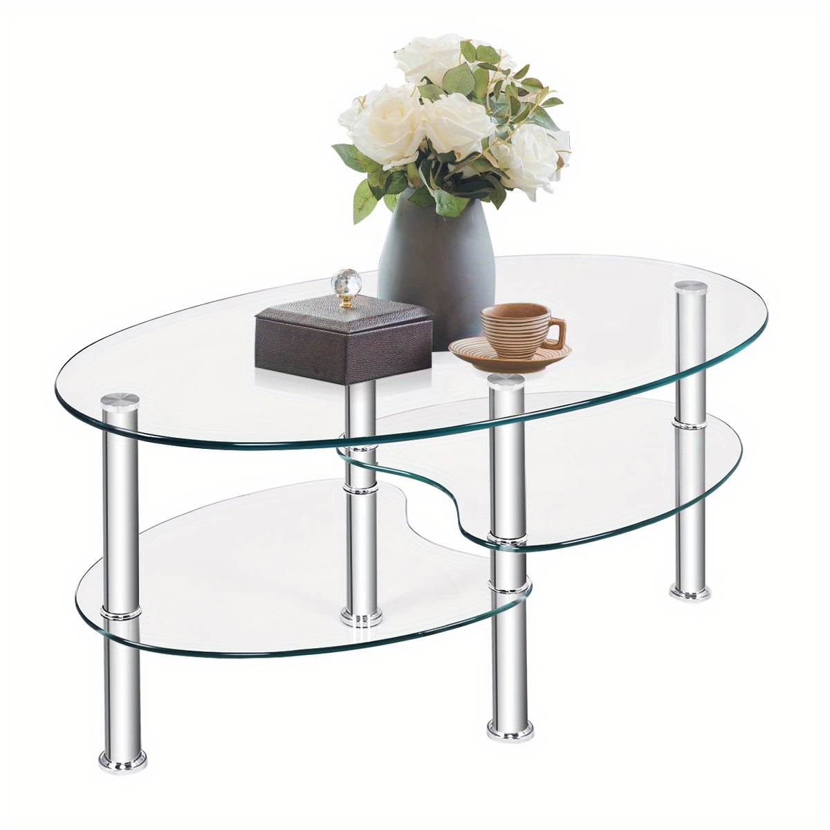 

Tempered Glass Oval Side Coffee Table Shelf Chrome Base Living Room Clear New