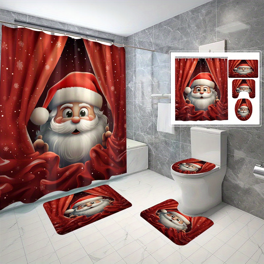 

1pc/3pcs/4pcs Christmas Cute Santa Claus Polyester Waterproof Shower Curtain Without Punching Partition Bathroom