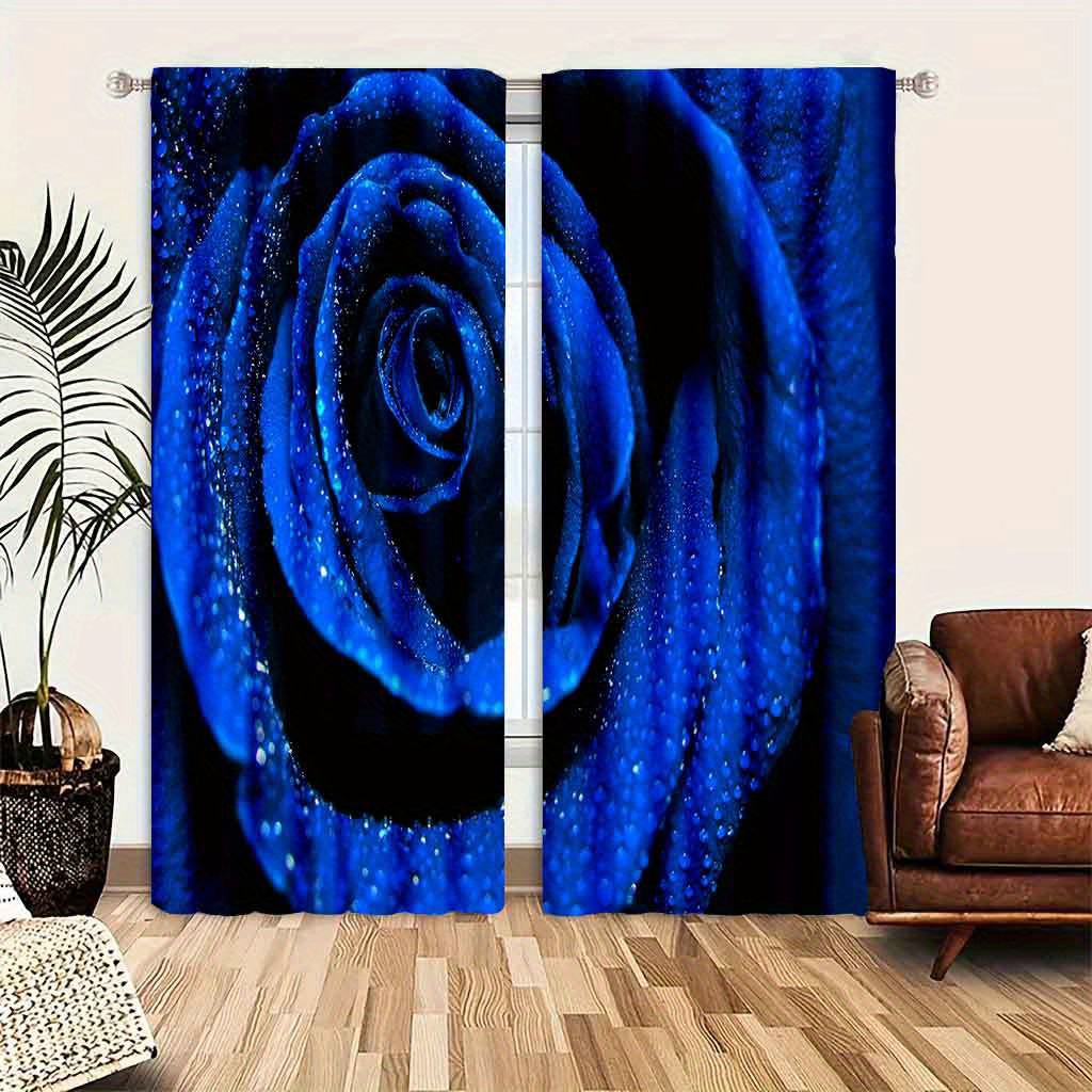 

Glam Style Jacquard Woven Rod Pocket Curtain Panels, Semi-sheer Polyester Blue Rose Print For Living Room And Bedroom - Easy Care, Machine Washable Decorative Drapes