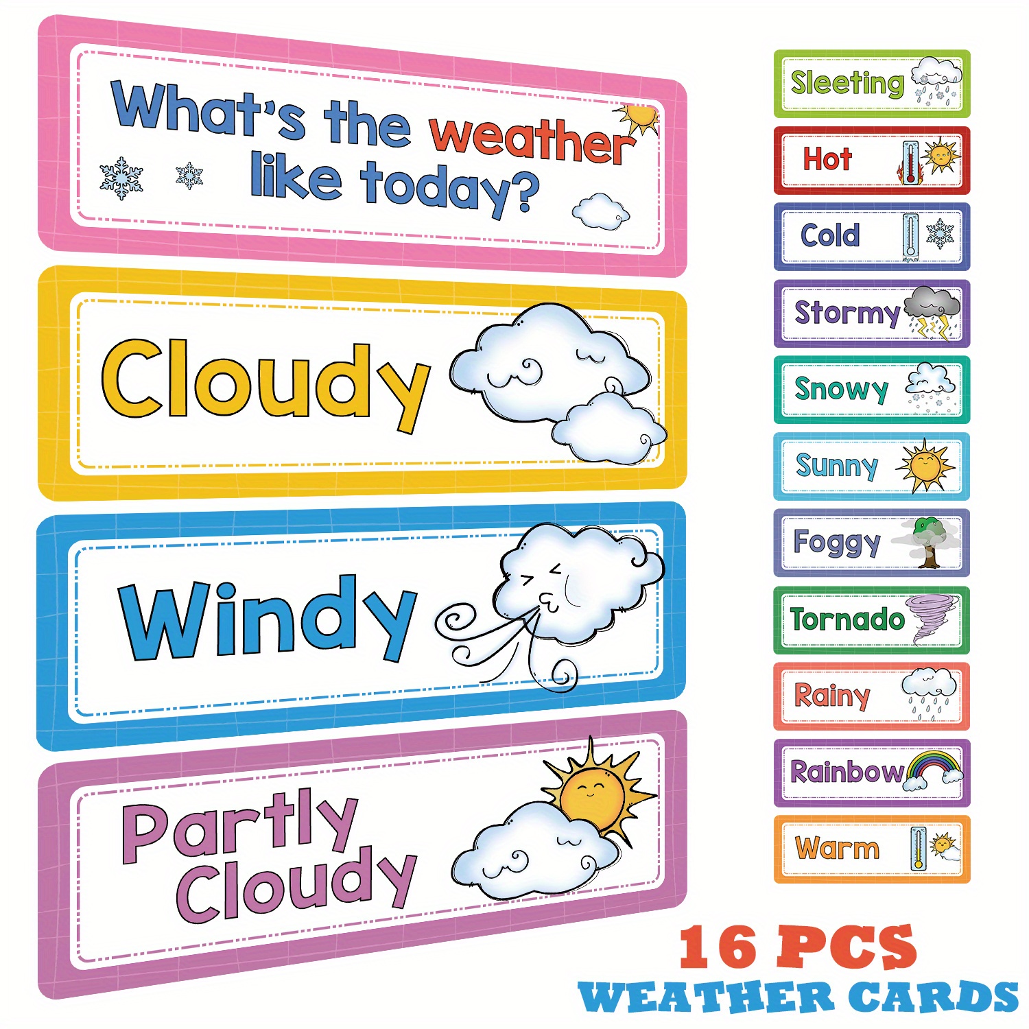 

Lachilly 16-piece Weather Flashcards Set - Montessori English Learning Cards For Kids Ages 6-12, Educational Preschool & Kindergarten Classroom Supplies