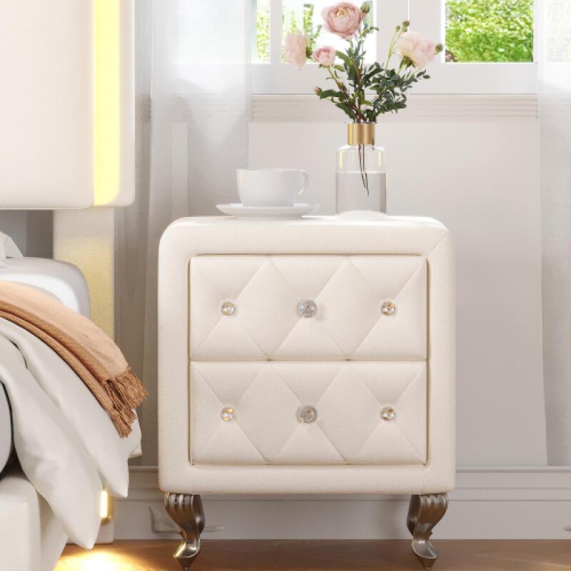 

Elegant Pu Nightstand With 2 Drawers And Crystal Handle, Fully Assembled Legs&handles, Storage Bedside Table With Metal Legs