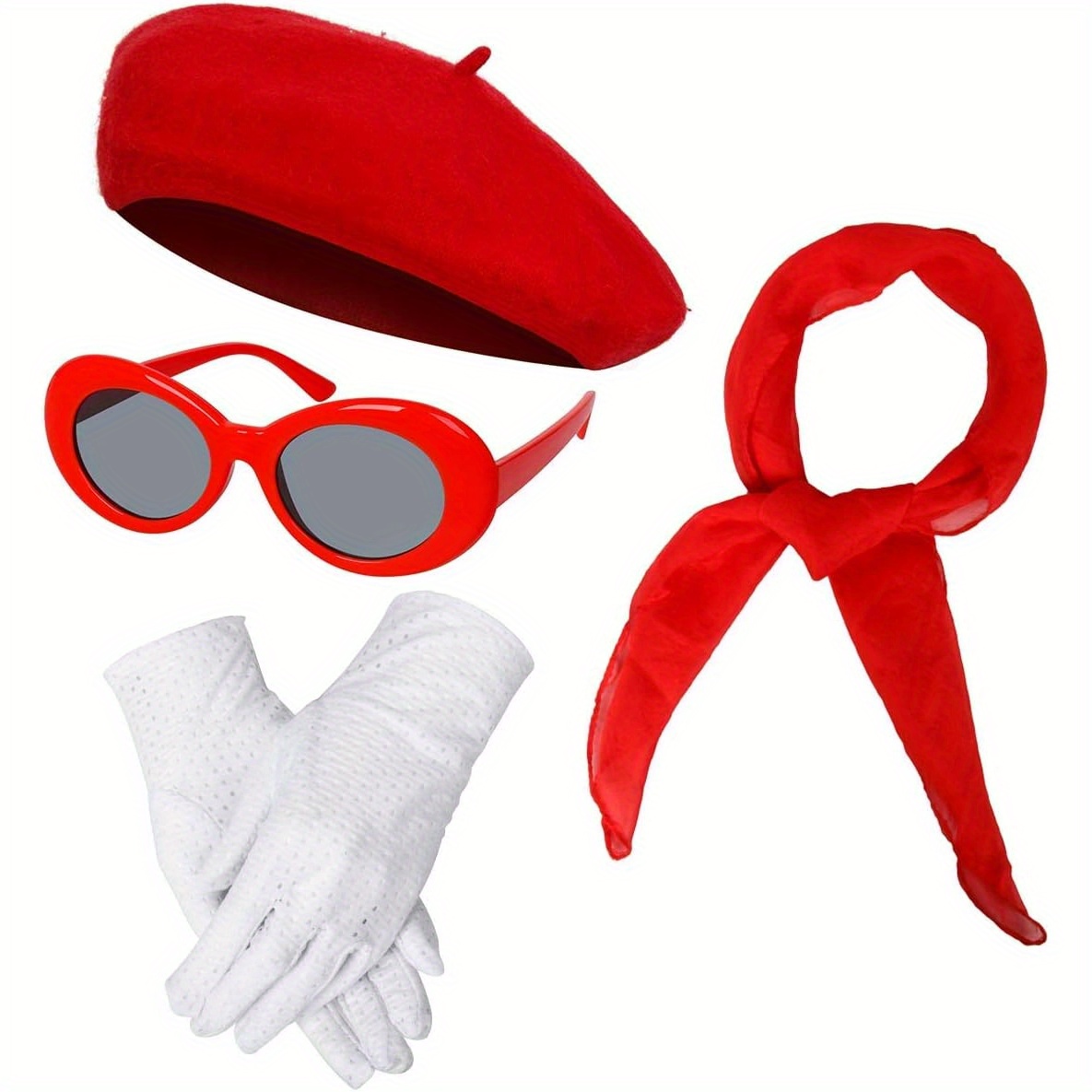 

Women Girls French Themed Party Beret Hat Chiffon Scarf Gloves Retro Oval Sunglasses Fancy Dress Costume Set 4pcs