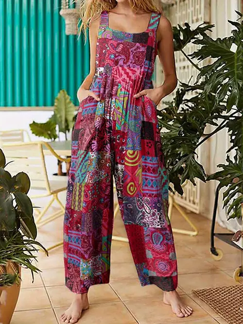 womens summer jumpsuits boho wide leg overalls casual floral print rompers beach outfits with pockets