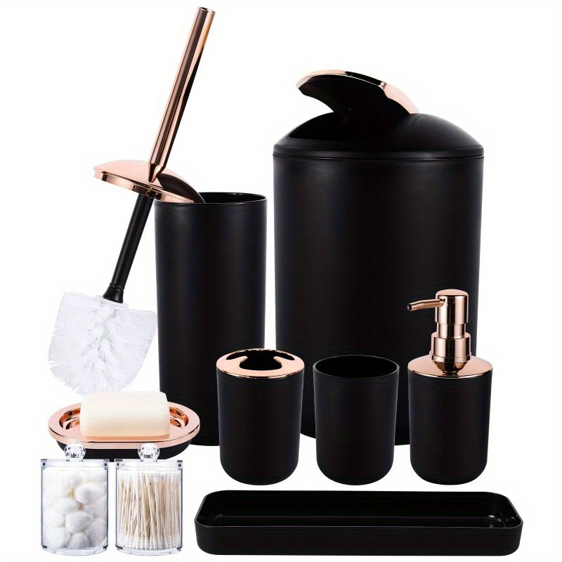 

9-piece Black Bathroom Accessories Set - Trash Can, Soap Dispenser Set, Soap Dish, Toilet Brush With Holder, Toothbrush Holder, Tumbler Cup, Tray, Holders, Bath Countertop Essentials