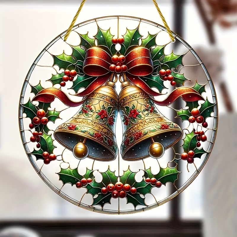 TEMU 2D-Flach, 8"x8" 2D-Acryl-Buntglas-Glocken-Sonnenfänger Fensteranhänger-Ornament – Mehrfarbig, geeignet für Weihnachten, Neujahr, Hochzeiten,