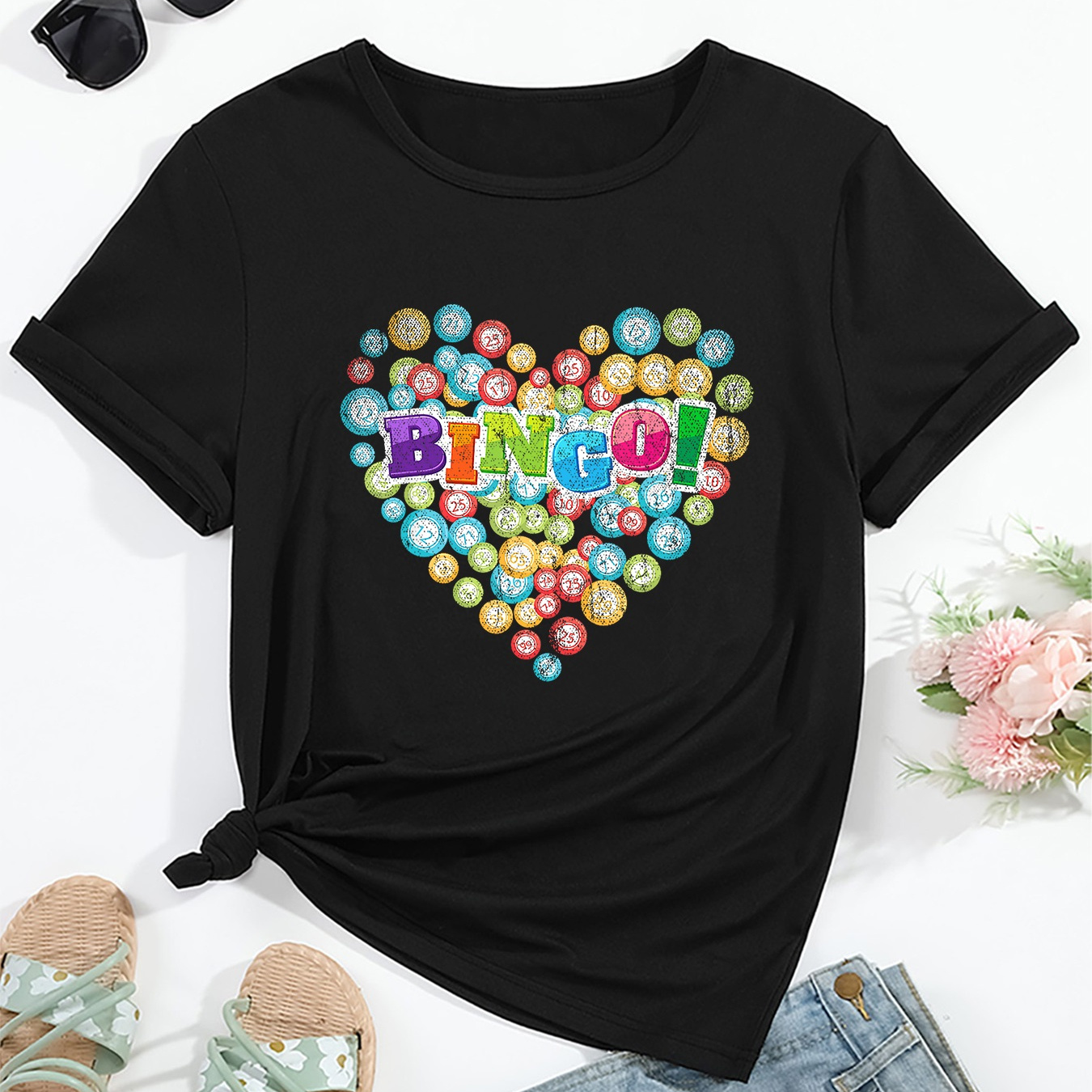 

Ladies Simple Heart-shaped "bingo!" Graphic Print Casual T-shirt, Round Neck Short Sleeves Comfy Sports Tee, Women's Versatile Tops