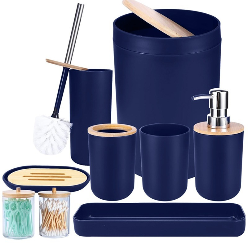 

9pcs Beige Bamboo Cover Navy Bathroom Accessories Set - With Trash Can Toothbrush Holder Soap Dispenser Soap And Lotion Set Tumbler Cup