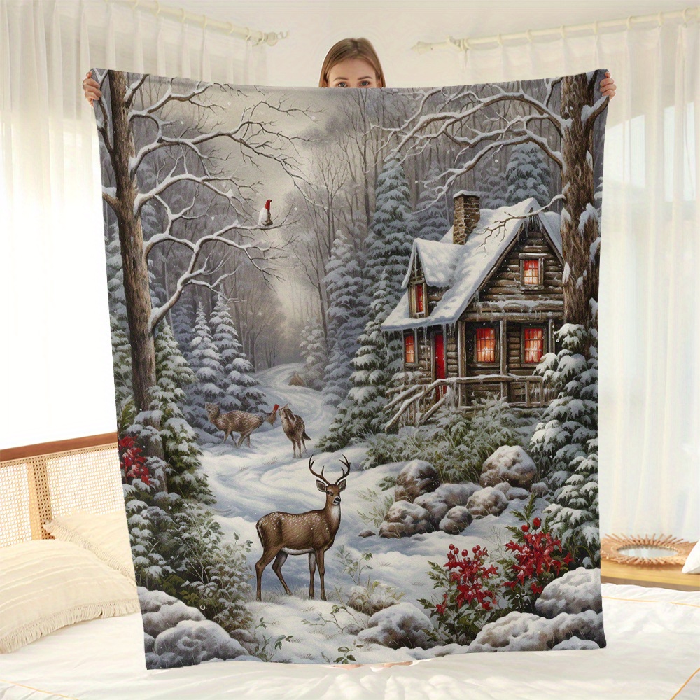 TEMU Couverture en flanelle Maison de Noël et , Plaid pour canapé imprimé numériquement, Couverture de climatisation, Couverture de , Couverture