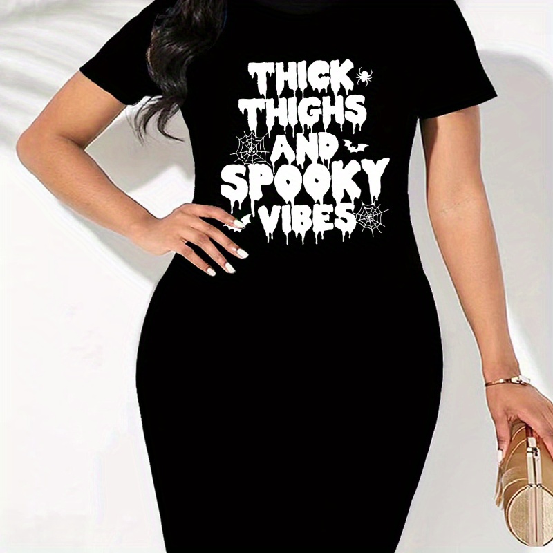 

Halloween Letter Print Tee Dress, Short Sleeve Crew Neck Casual Dress For Summer & Spring, Women's Clothing