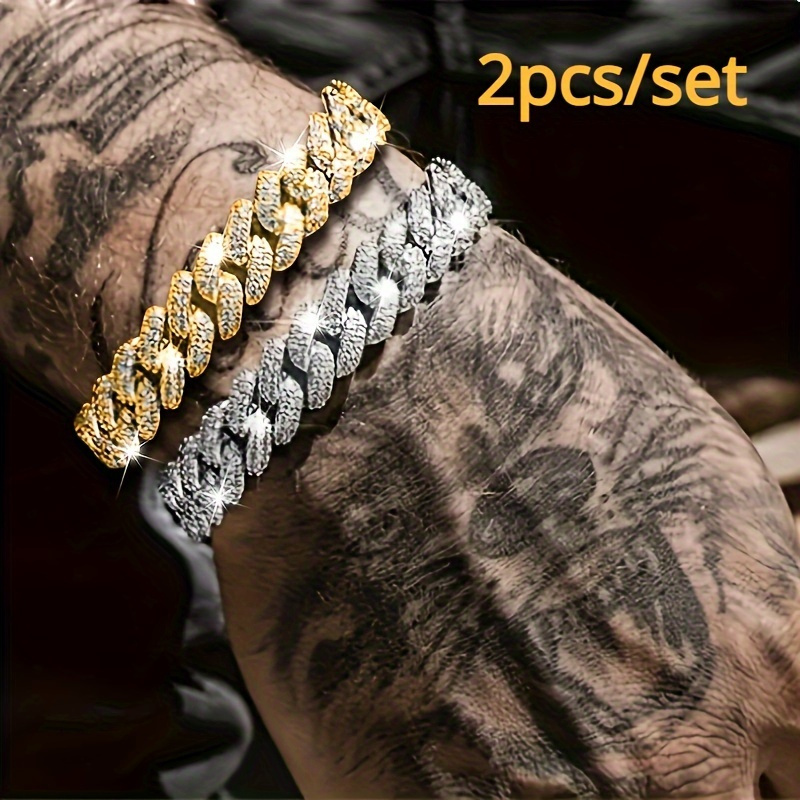 

2pcs/set Vintage Punk Hip Hop Glittering Mosaic Cuban Chain Bracelet - Unisex Hand Decoration With Synthetic Gems And Alloy Material - Perfect Gift For Women And Men