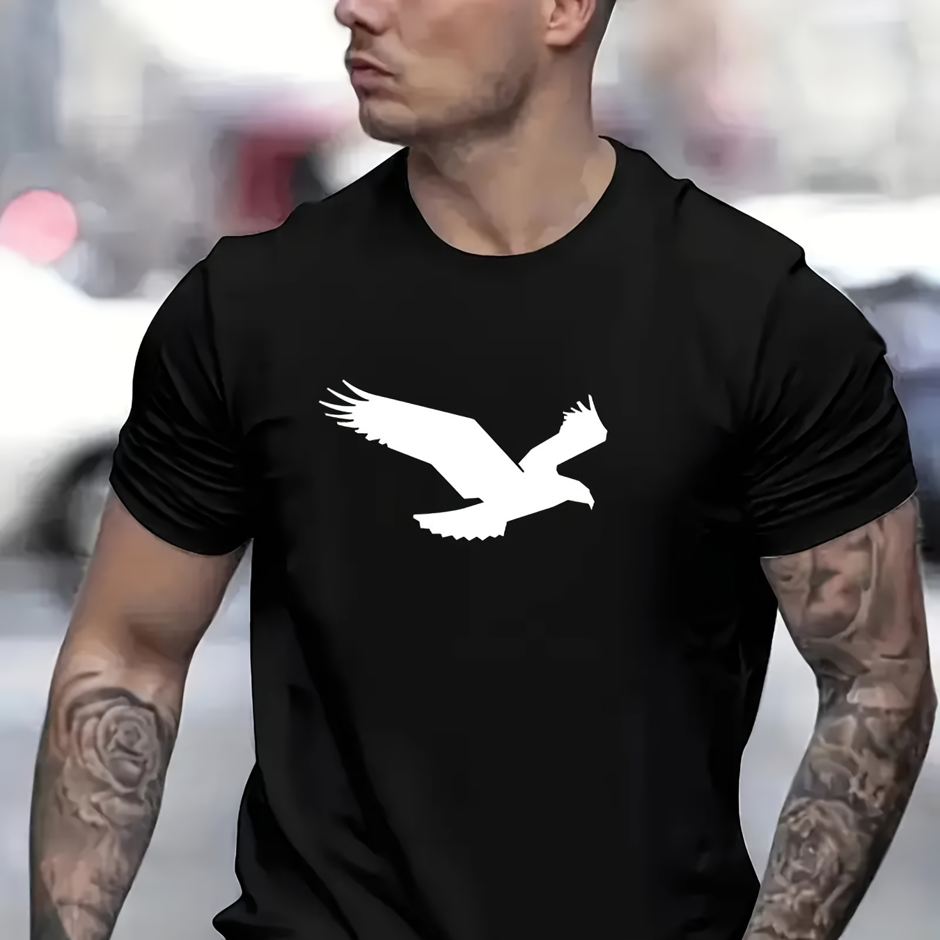 

1 Pc, 100% Cotton T-shirt, Eagle Print Mens T-shirt - Fashionable Streetwear - Comfortable Stretch Fit - Classic Round Neck - Perfect For Summer & Fall