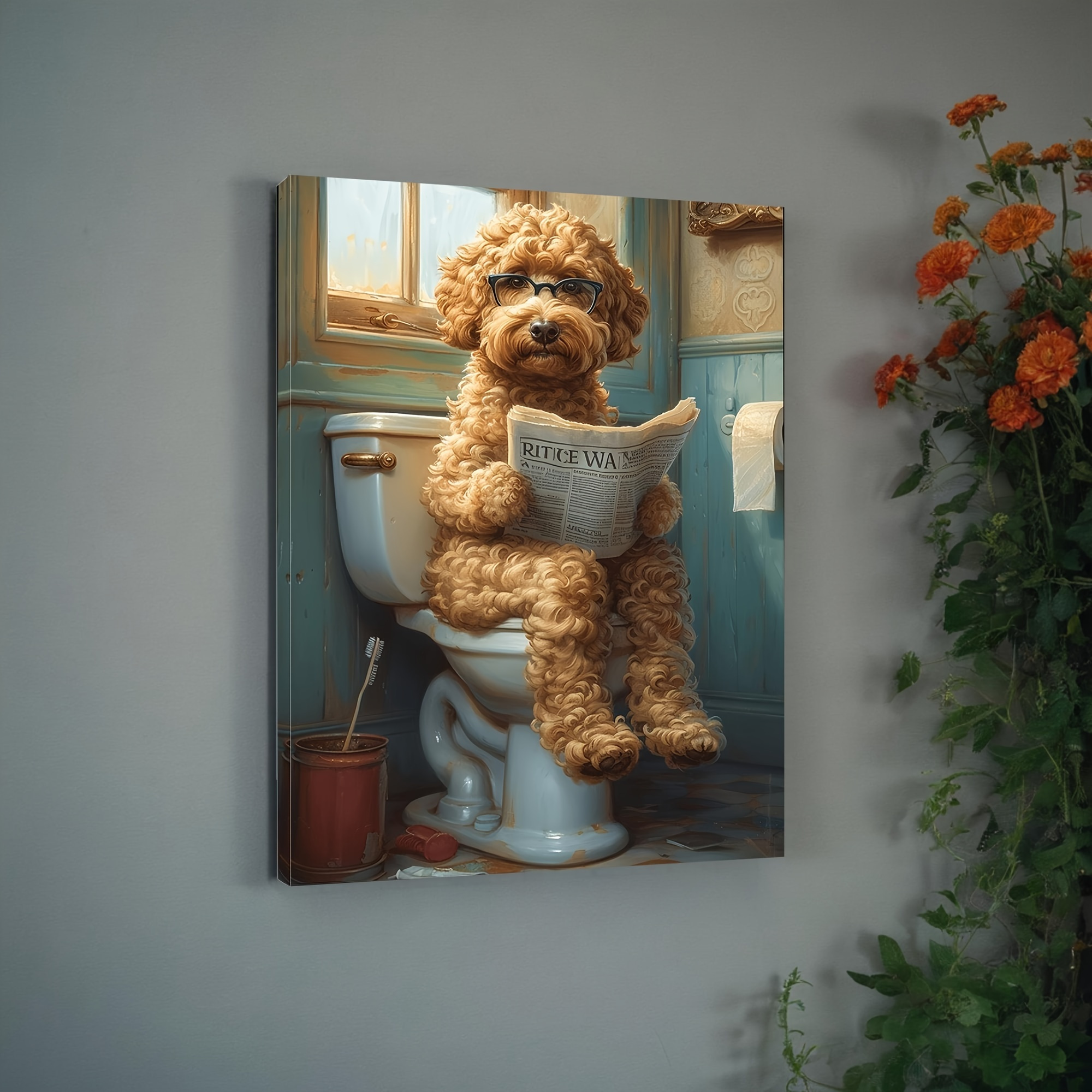 

Goldendoodle Bathroom Canvas Wall Art - Humorous Pet-themed Artwork For Modern Minimalist Restroom Decor, Perfect Gift For Dog Lovers, No Frame Included