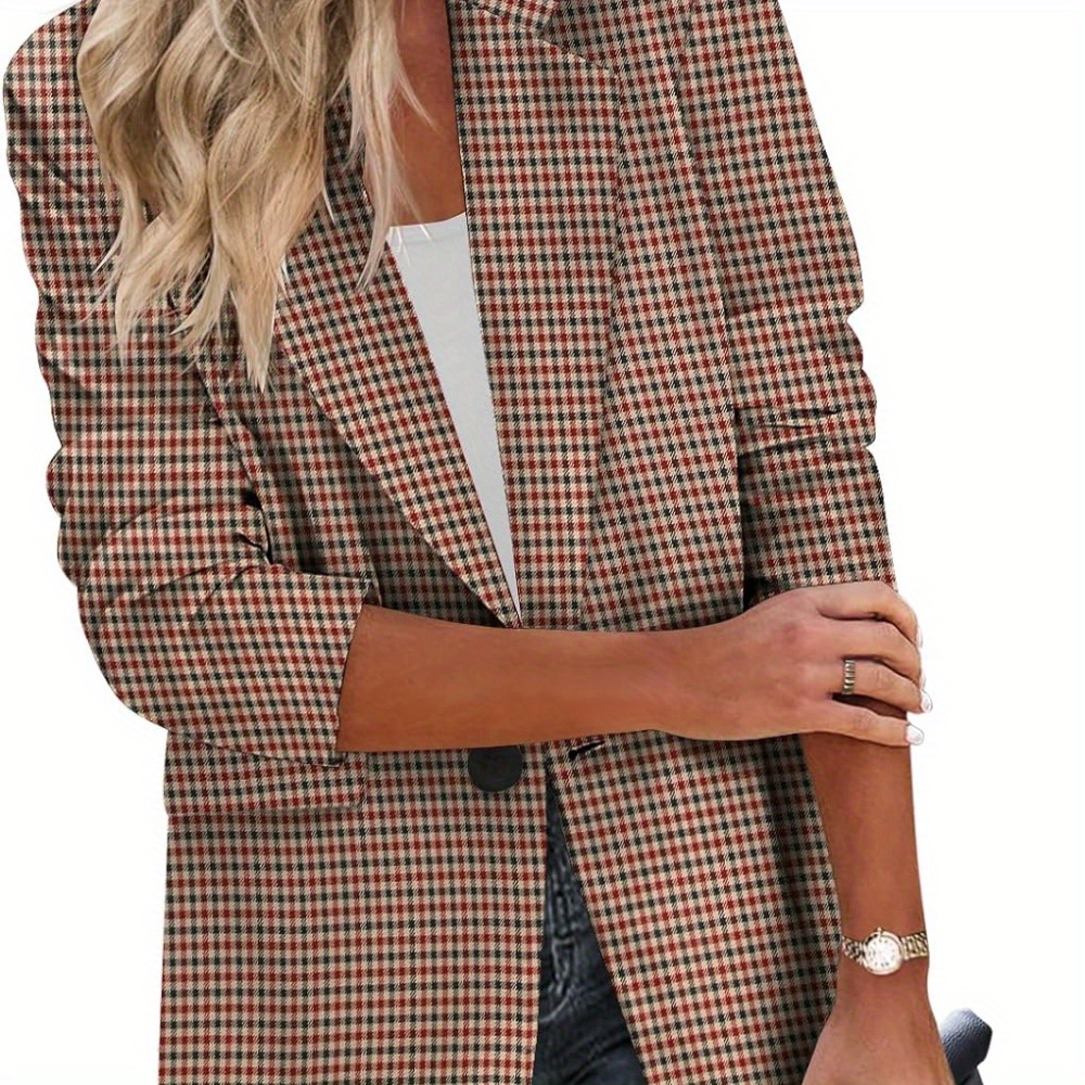 

Houndstooth Pattern Single Button Blazer, Elegant Lapel Neck Long Sleeve Work Office Blazer With Pocket, Women's Clothing