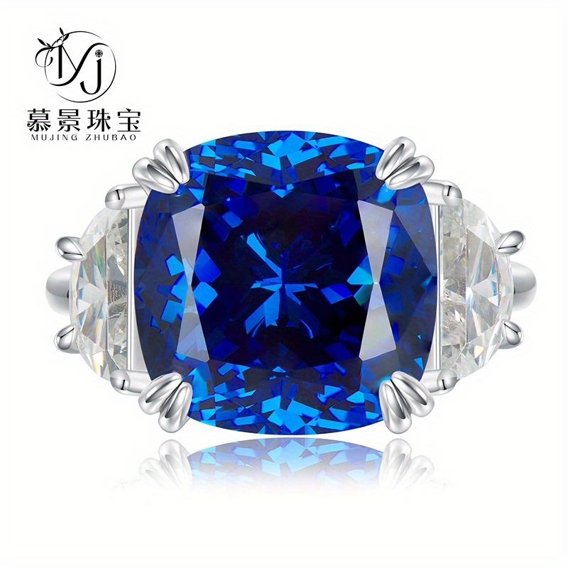 

13*13mm Royal Blue High-grade European And American Cross-border Ins Style Luxury Inlaid 5a Grade High Carbon S925 Silver Plated Platinum Ring, High-quality And Exquisite Gift, Gift For Your Lover