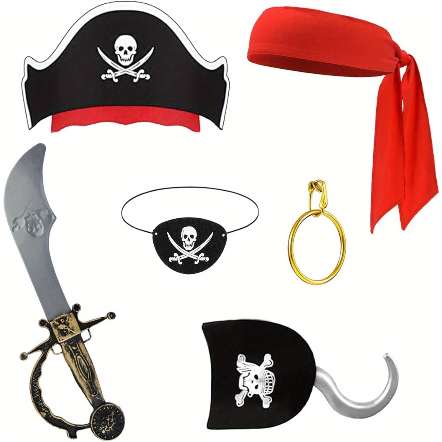 

Complete Pirate Costume Accessory Kit - 6pcs Set With Hat, Headband, Eye Patch, Sword, Hook & Earring For Halloween And Themed Parties