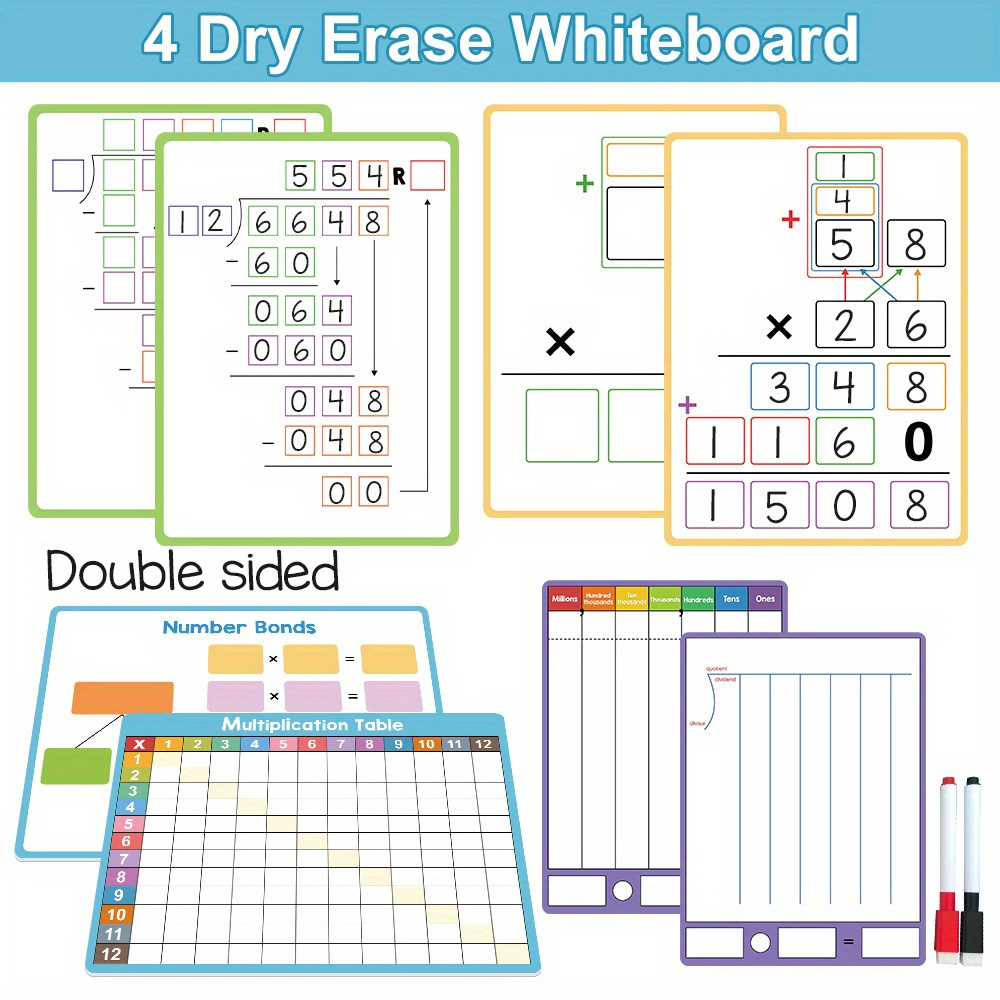 item picture 4pcs large sized math   boards dry erase multiplication and division board 8 26 x 11 22 inches double sided practice whiteboard tabletop ideal for teachers and students math learning tools