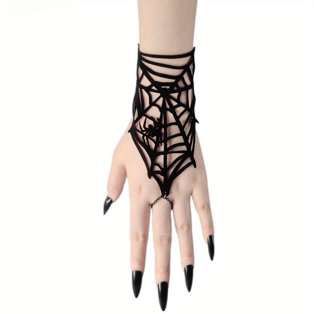 

Halloween Gothic Spider Web Glove Bracelets - Black Velvet Punk Hand Chain For Cosplay, Winter Holiday Gift, Vacation Accessory - No Mosaic, No Plating