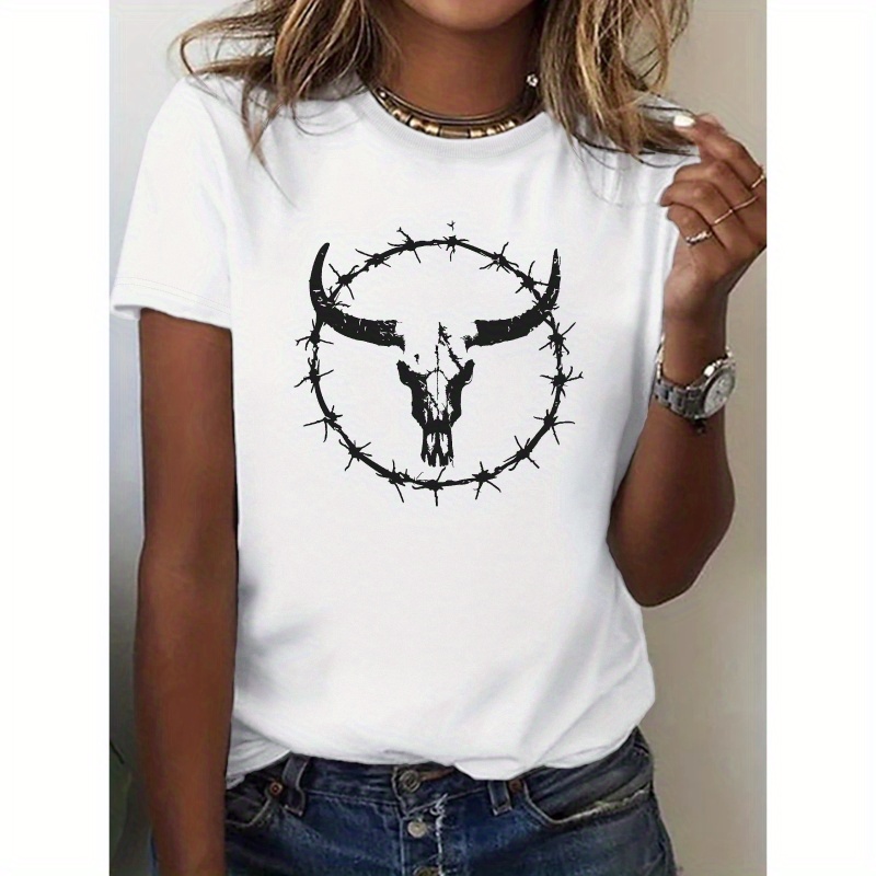 

Bull Skull Print Crew Neck T-shirt, Casual Short Sleeve Top For Spring & Summer, Women's Clothing