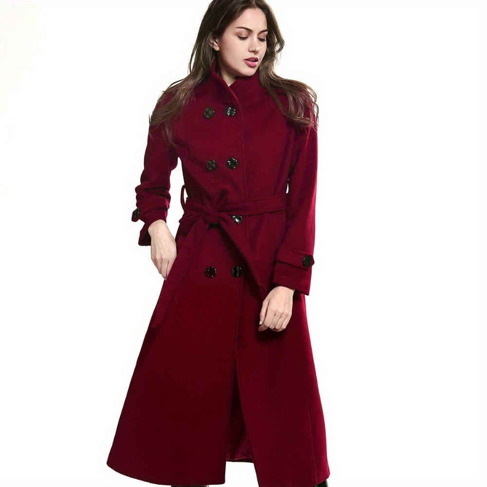 

Double-breasted Mid Length Belted Coat, Elegant Long Sleeve Outerwear For Fall & Winter, Women's Clothing