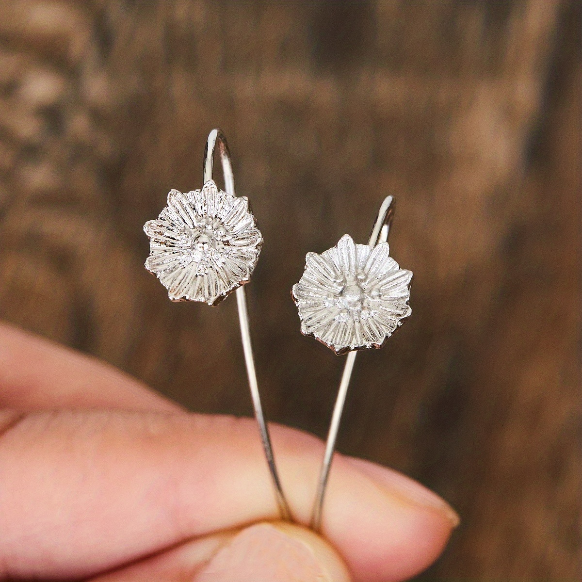 TEMU Beautiful Silvery Sunflower-shaped Hook Earrings In A Vintage Bohemian Style, From Alloy, Perfect As A Delicate Gift For Women And