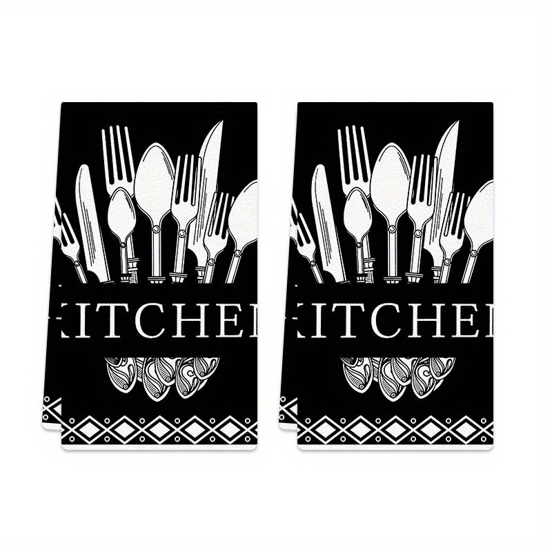 

2pcs Modern Polyester Kitchen Towels, 18x26inch, Tableware Print, Hand Wash Only, Knit Fabric Dish Cloths For Home & Kitchen Decor