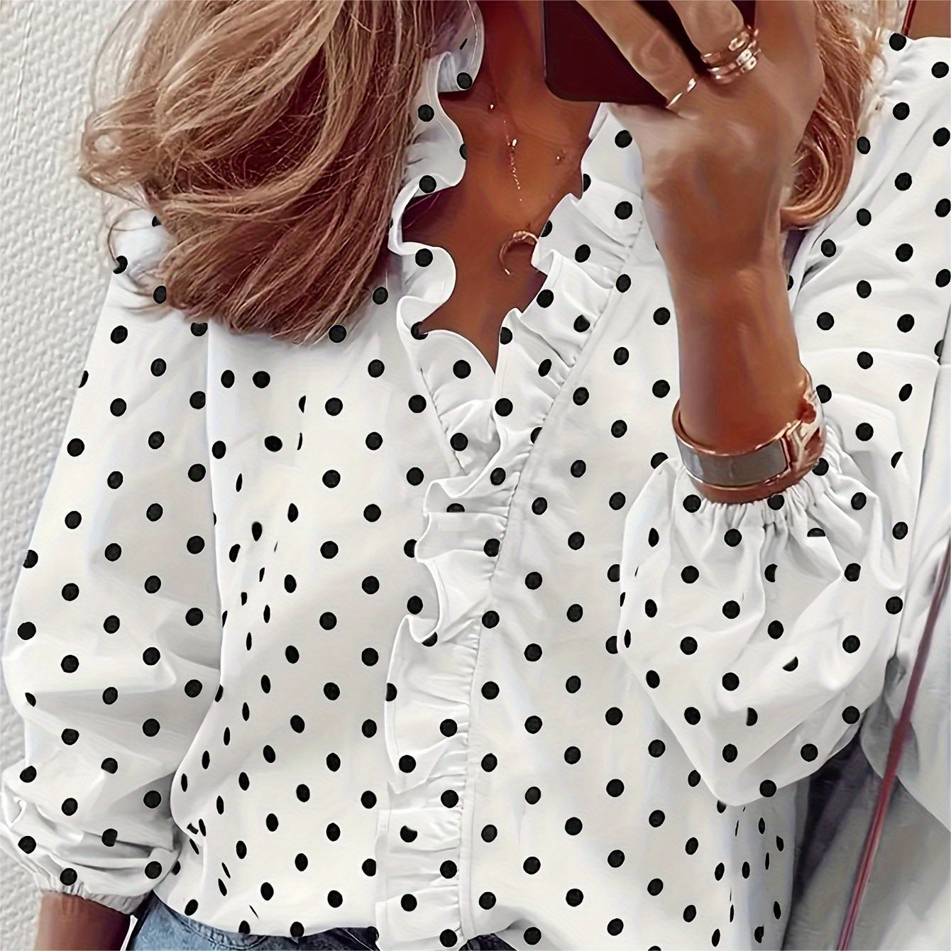 

Tooluck Women's V-neck Ruffle Polka Dot Print Lantern Sleeve Shirt