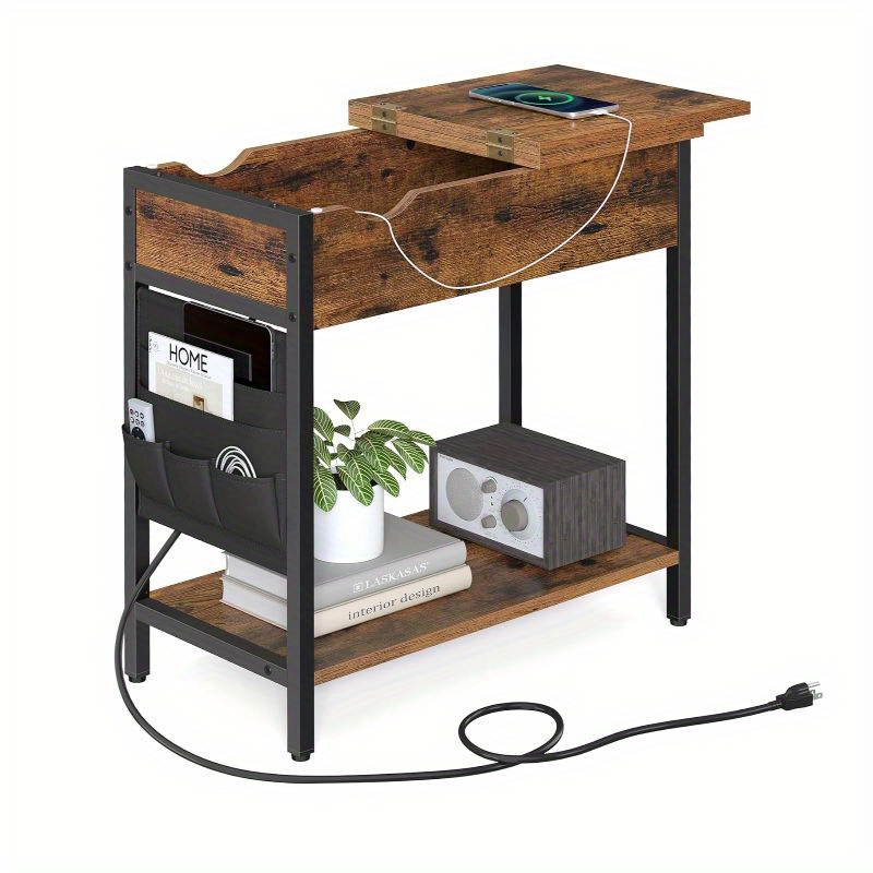 

Side Table With Storage, End Table With Usb Ports And Outlets, Nightstand With Charging Station, Fabric Bags, For Living Room, Bedroom