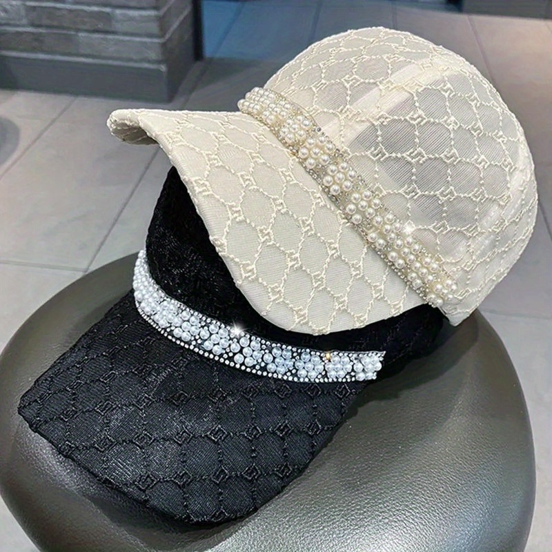 

Chic Breathable Mesh Baseball Cap With Rhinestone & Faux Pearl Accents - Adjustable Sun Protection Hat For Women,