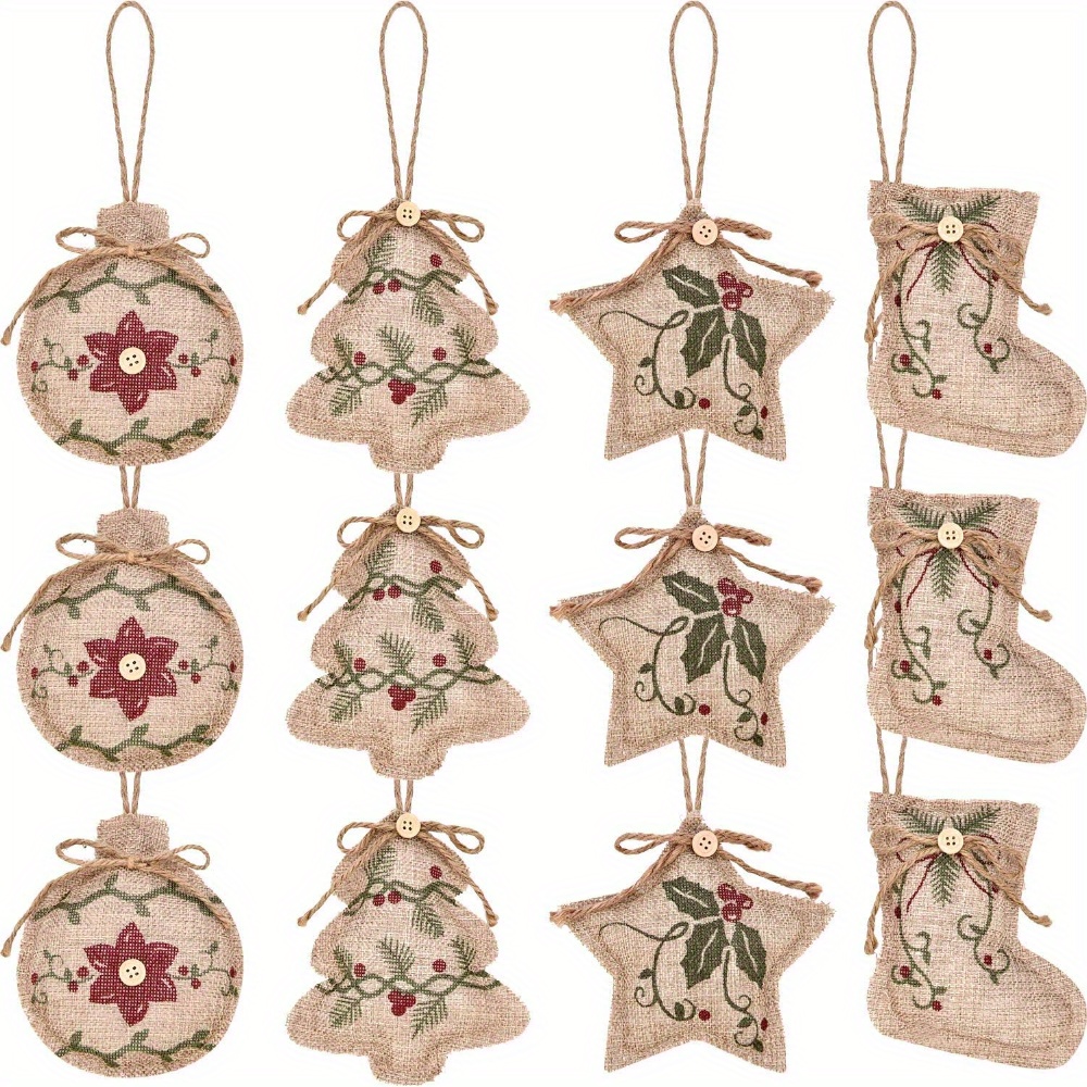 12pcs Rustic Burlap Christmas Tree Ornaments - Farmhouse Style Hanging Decorations For Holiday Parties, Includes Stocking & Ball Shapes